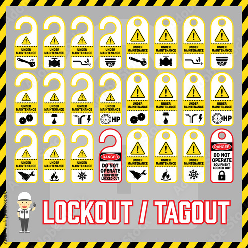 Set of safety caution labels and tags for world industrial lockout-tagout maintenance safety procedure.