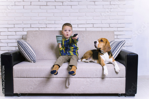 funny boy with remote control watching TV together with a dog on the couch
