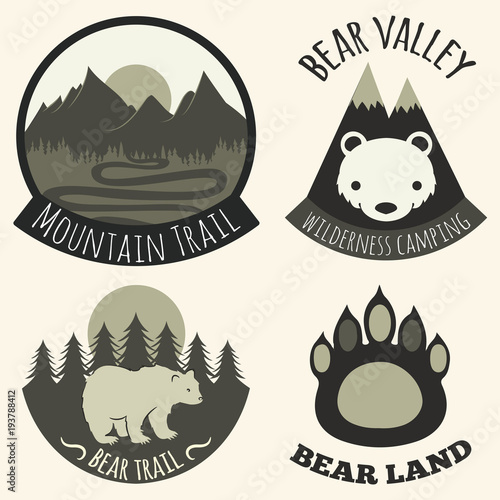 Vector illustration. Black and white set of camping emblems, labels and badges with mountains, trees and bears. Bear land, valley, mountain trail