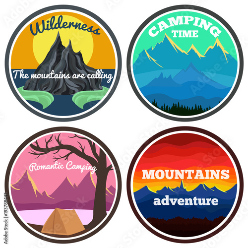 Vector illustration. Colorful set of camping emblems with mountains, trees and beautiful sky