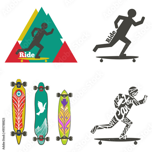 Vector set of labels and logos with longboards. Silhouette of man ride on longboard. Different shapes of decks