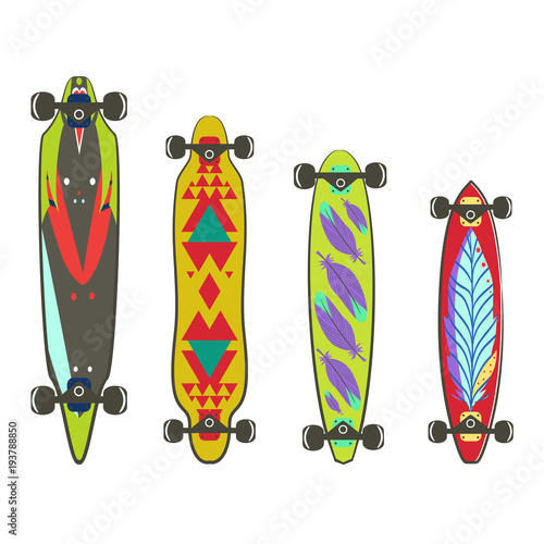 Vector set of longboards. Different shapes of decks, cool design with geometric pattern with feathers