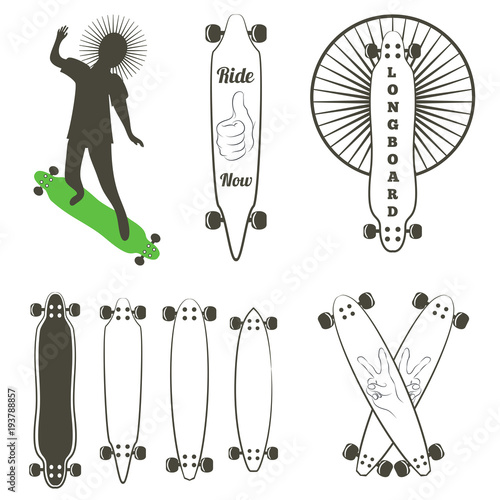 Vector collection of longboards. Different shapes of decks, rider silhouette