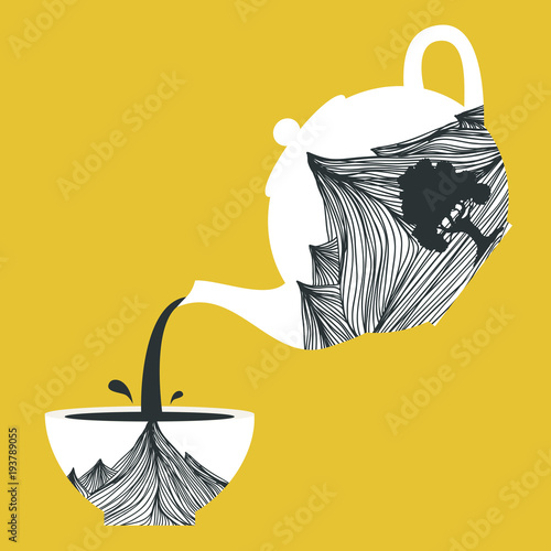Vector illustration. Teapot with mountains and tree and cup with the same design. Pours tea from a teapot, cup filling symbolic
