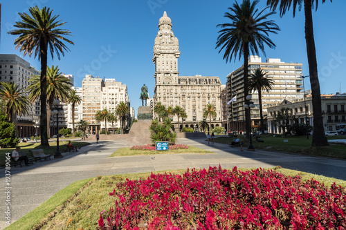 Plaza indepedencia with the building Palacio Salvo and the statue of Jose Artigas in Montevideo, Uruguay. photo