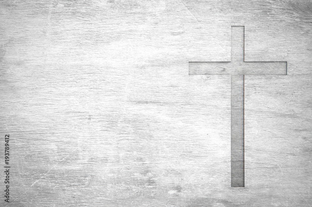 White old christian religion symbol cross shape as sign of belief on a grungy wood textured with copy space. - obrazy, fototapety, plakaty 