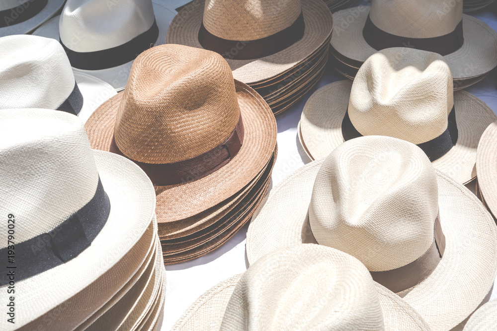 Handmade Panama Hats at the traditional outdoor market. Popular souvenir from Central America.