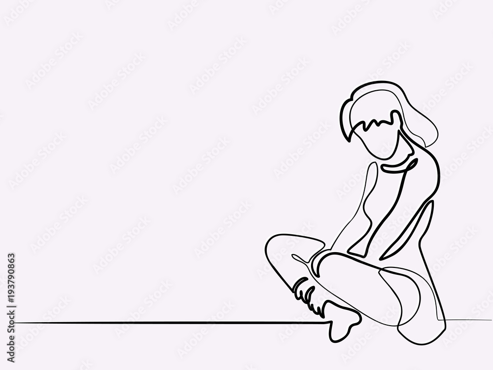 Continuous line drawing different wide. Sitting sad girl. Vector illustration
