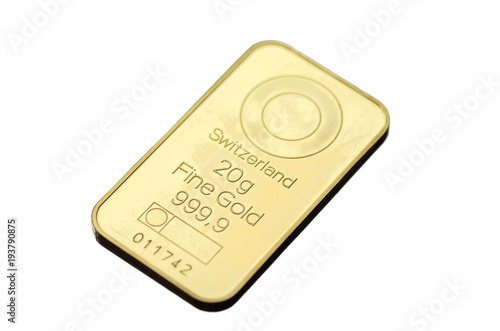 Slika na platnu Minted gold bar weighing 50 grams isolated on white