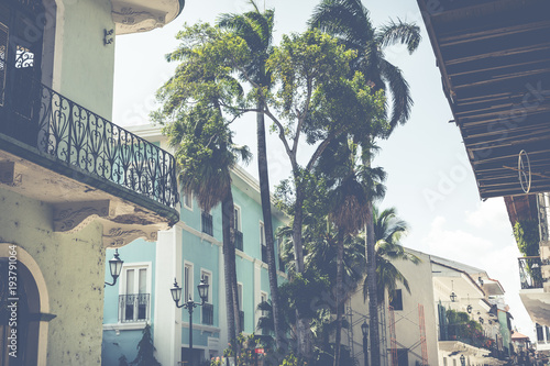 Colorful vintage image of streets of old city in Panama City, Panama. photo