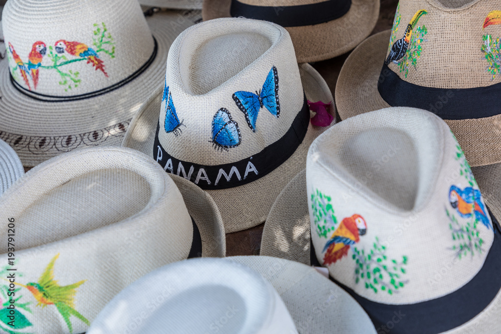 Handmade Panama Hats at the traditional outdoor market. Popular souvenir from Central America.
