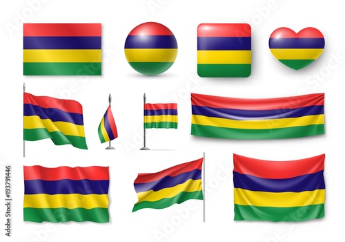 Free Download Set Mauritius flags, banners, banners, symbols, realistic icon. Vector illustration of collection of national symbols on various objects and state signs - GFXLoad