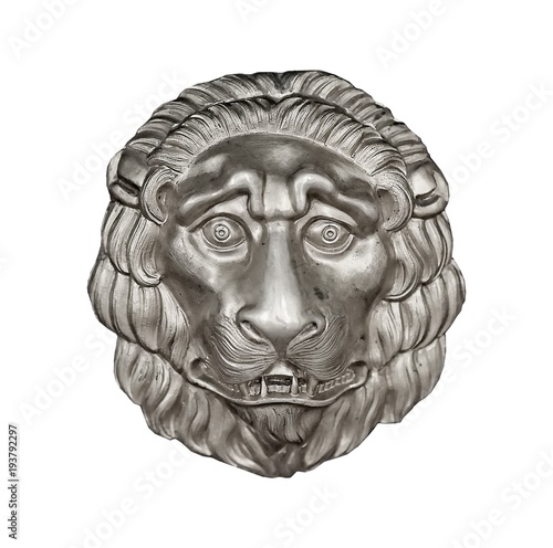Decorative element in the form of a silver lion head isolated on white background