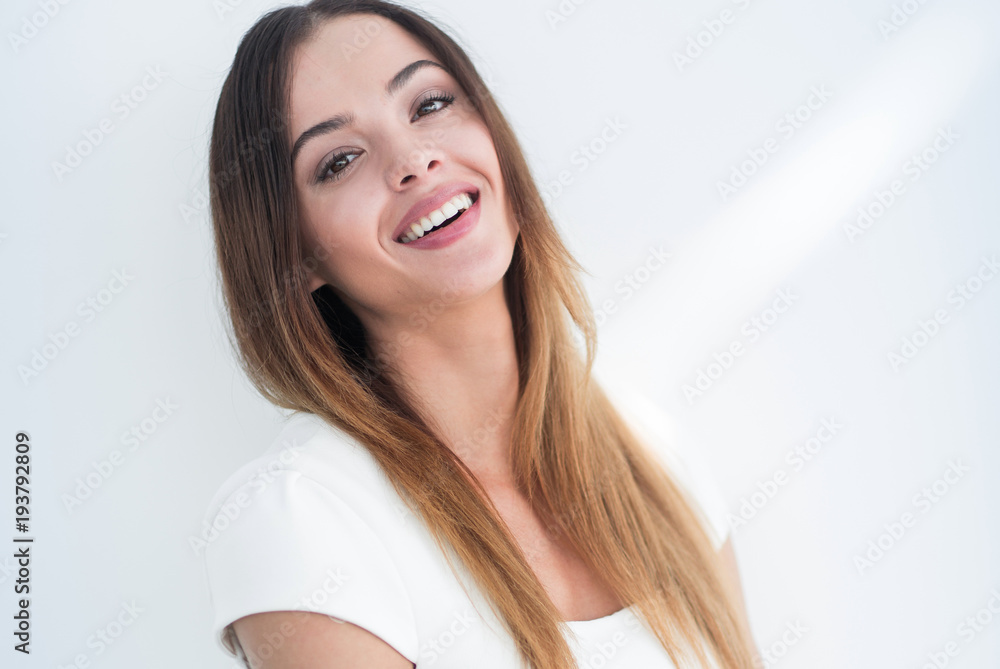 Happy business woman smiling - isolated over a white background Happy business woman smiling - isolated over a white background