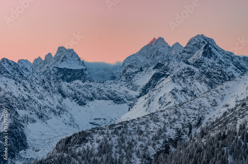Winter mountain landscape, Rysy and Wysoka peaks in tatra mountains