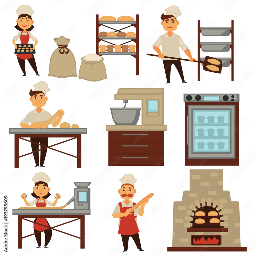 Baker in bakery shop baking bread process vector isolated profession ...