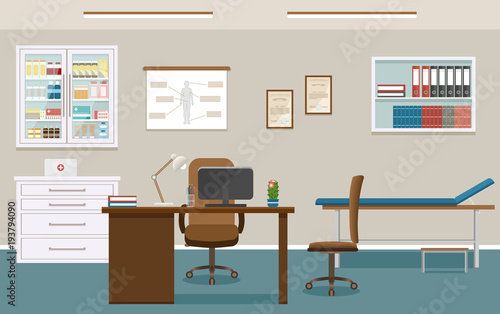 Doctor's consultation room interior in clinic. Empty medical office design. Hospital working in healthcare concept.