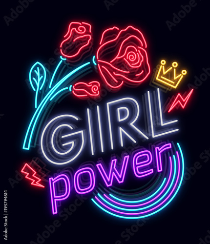 Rock print and slogan vector. Girl Power For T-shirt or other purposes. Symbol of feminism for printing in a neon style. Neon sign Retro style. Womens fashion slogan