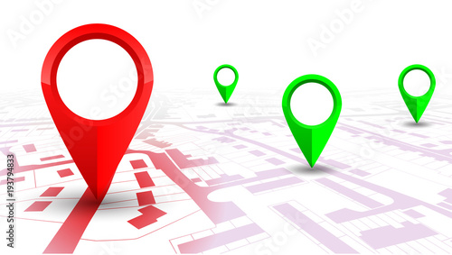Red GPS navigator pointer on city map, from place to place – vector
