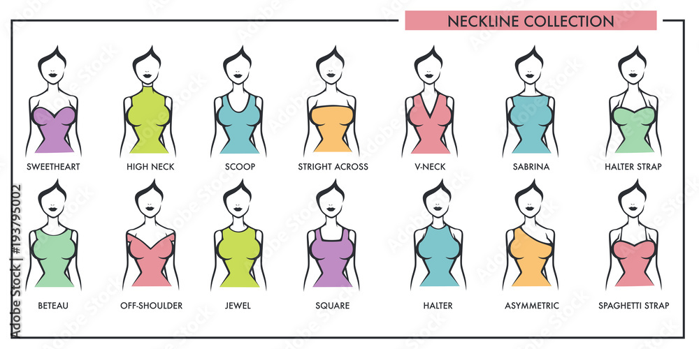 Woman neckline type models collection vector female dress necklines ...