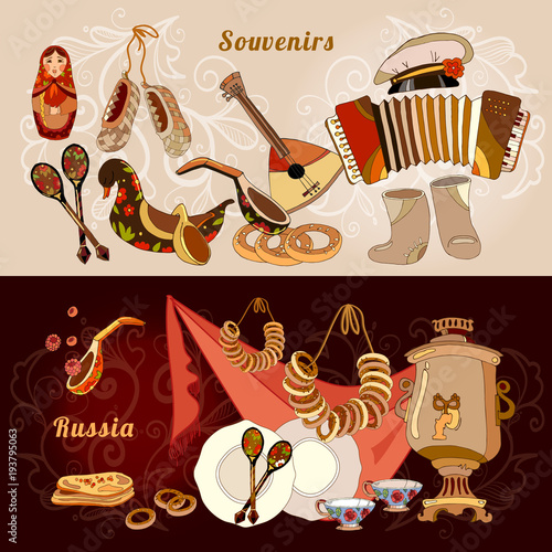Russian elements hand drawn vector. Welcome to Russia banner. Traditional Russian cuisine and culture. Balabayka, samovar, matryoshka, pancakes