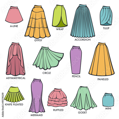Woman skirt type models collection vector female dress skirts style isolated cons