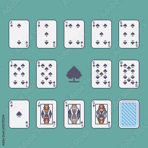 Pixel art spades playing cards vector set.