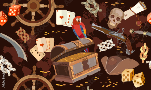 Pirate vintage seamless pattern Adventure stories. Treasure chest parrot steering wheel skull rum saber pirate hat, pirate seamless background
