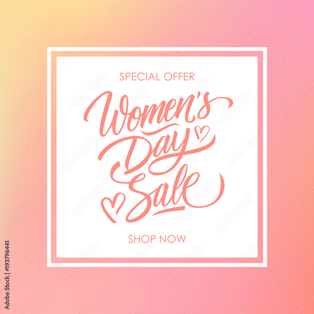 Women's Day Sale special offer card for business, promotion and advertising. Calligraphic lettering text design on blurred background. Vector illustration.