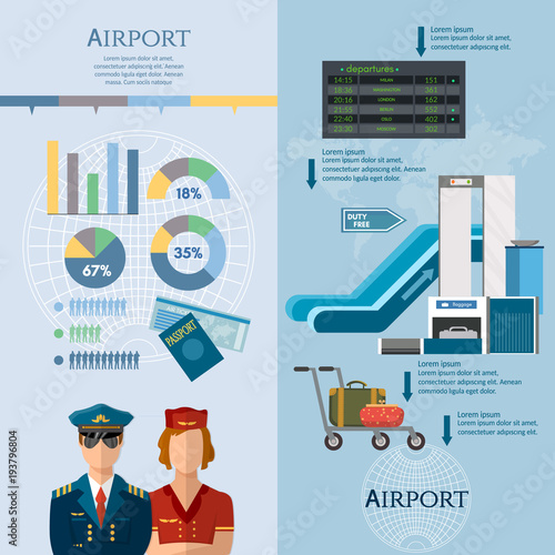 Airport, international airlines banner. Airport set terminal aircraft runway airline pilot stewardess baggage inspection scanner vector