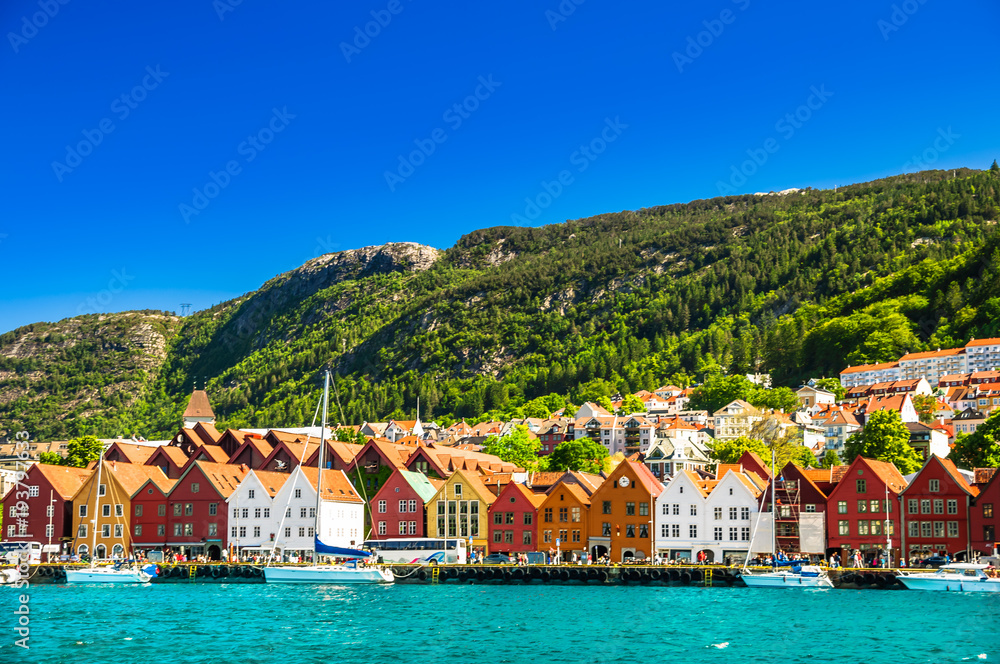 Naklejka premium View on Cityscape and wooden building of Bryygen in Norway