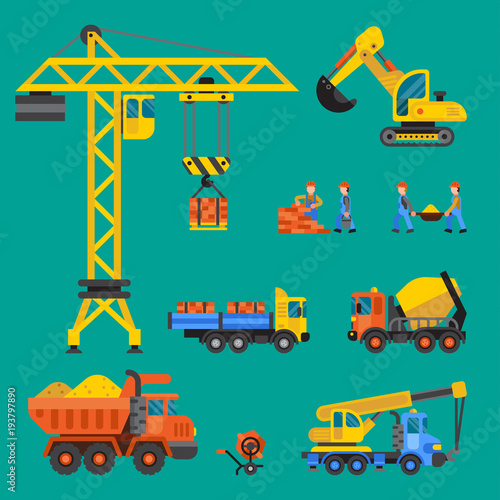 Building under construction vector crane and workers buildings construction technic illustration. Mixer truck builders people. Under construction concept. Workers in helmet tech machine isolated