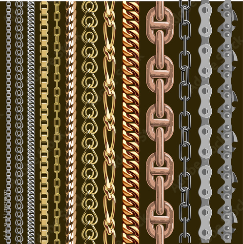 Chains link elements vector seamless metal chain-parts set isolated on background. Gold and silver metal chains link seamless elements