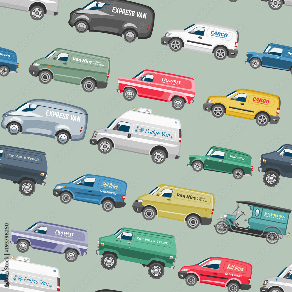 Van car vector minivan delivery cargo auto vehicle family minibus truck and automobile banner isolated van citycar seamless pattern background
