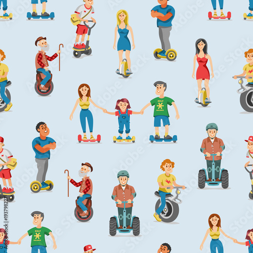 People on electric transport hoverboard segway vector set characters driving on gyroscooter and man balancing on electrical monowheel or eco balanceboard illustration seamless pattern background