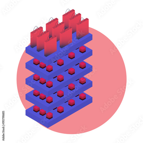 Modern vector isometric illustration for visual merchandising to promote planogram, also known as plano-gram, schematics and POG. Planogram indicates the placement of retail products to maximize sales photo