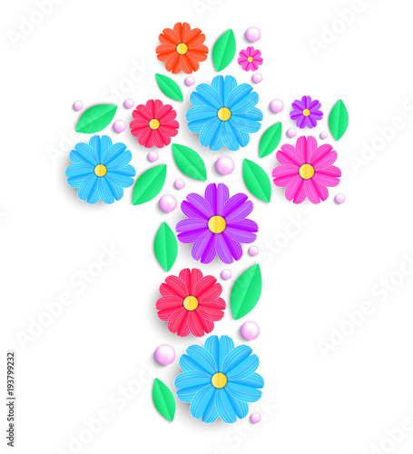 cross with colorful flowers photo