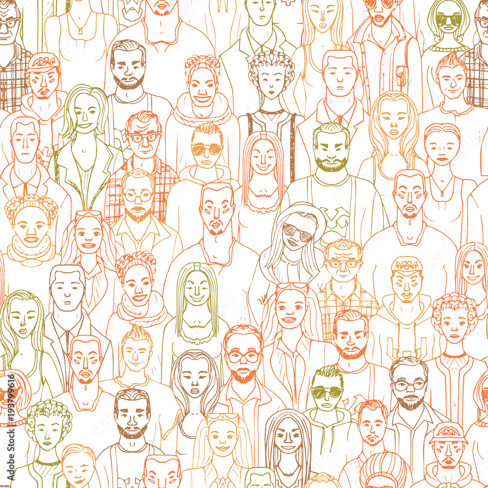 hand drawn crowd seamless vector pattern