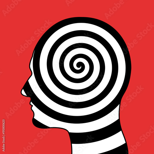 Hypnotic spiral in the head - hypnosis, psychosis, psychologic disorder, mental illness. Psychedelic and hallucinogenic consciousness of mind. Vector illustration 