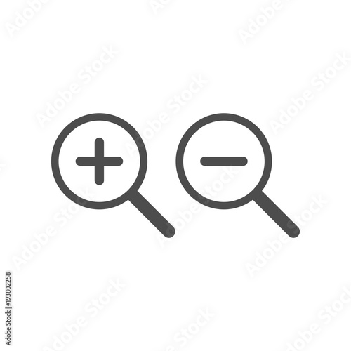 Zoom In and Zoom Out Icons. Vector illustration. Magnifying search icon.