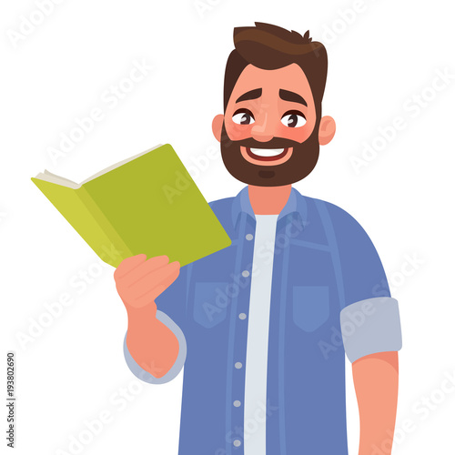 Man is holding a book in his hand. Vector illustration