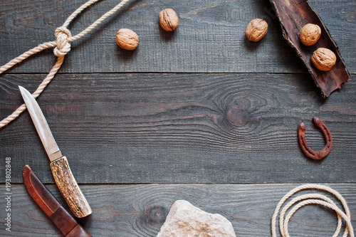 Vintage accessories for long trip on the rough wooden table