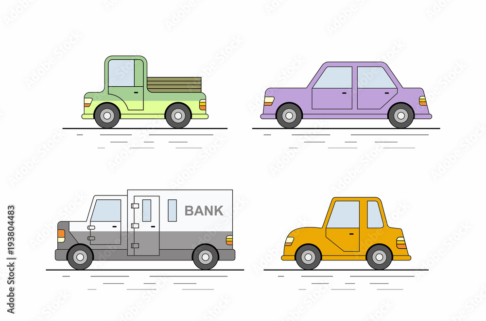 Car icons set. Flat colors style. Vector illustration