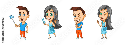 Modern cartoon characters boy and girl bloggers with gadgets in their hands and winks