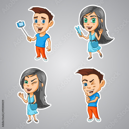 Modern cartoon characters boy and girl bloggers with gadgets in their hands and winks