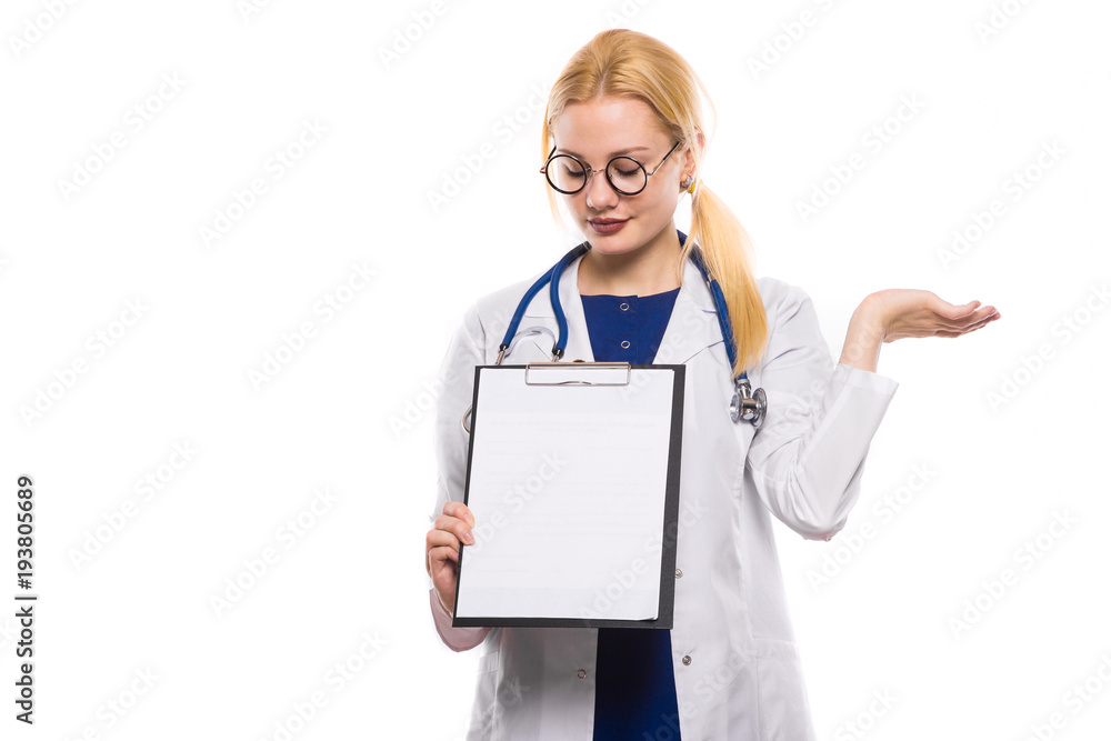 Woman doctor in white coat with clipboard Woman doctor in white coat with clipboard