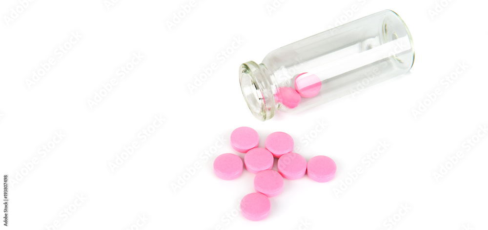 Naklejka premium Medical preparations, pills in a glass bottle isolated on white background. Free space for text. Wide photo .