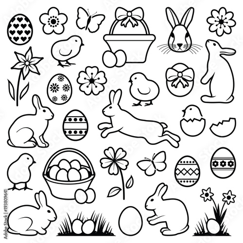 Easter eggs - hares - chickens and flowers collection - vector outline illustration