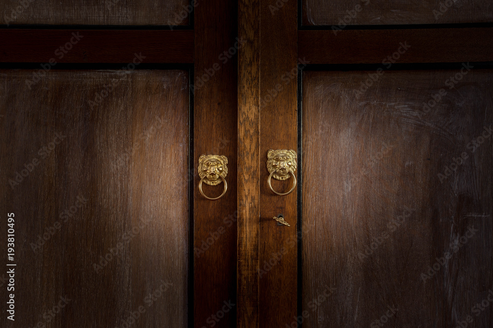 Vintage brown antique wooden doors with gold lion