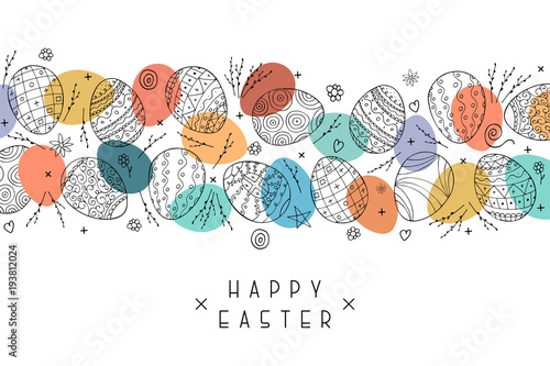 Happy easter background with ornamental eggs. Hand drawn design. Vector holiday card, postcard, banner, poster and ect